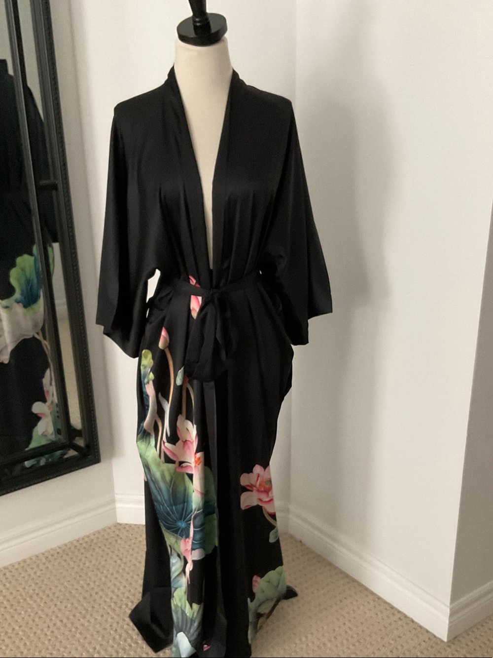 Black Floral Satin Kimono Robe with Tie Waist